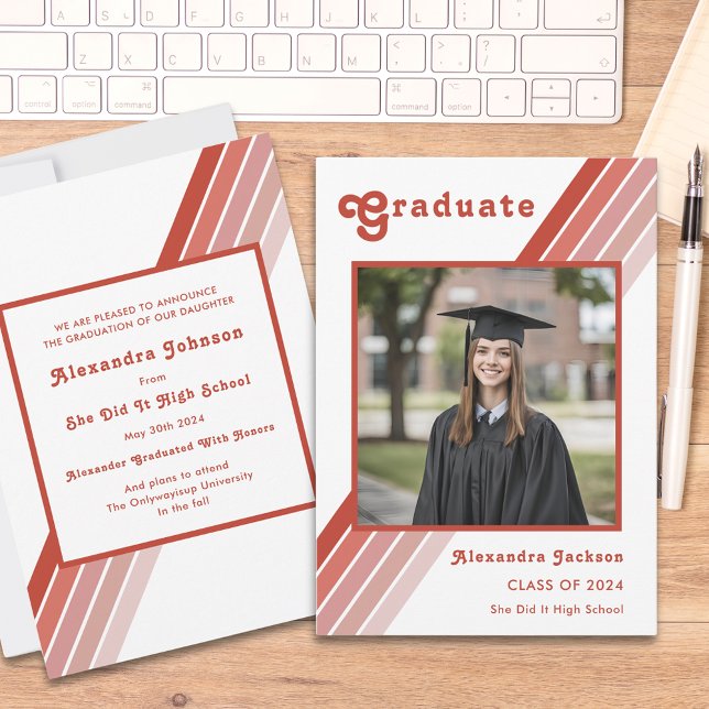 Retro 70’s Orange Stripe Grad Photo Graduation  Announcement (Retro stripe orange 70s vintage graduate photo high school graduation announcement )