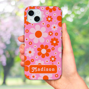 Retro 70’s Vintage Daisy Pattern Orange Pink iPhone 15 Mini Case