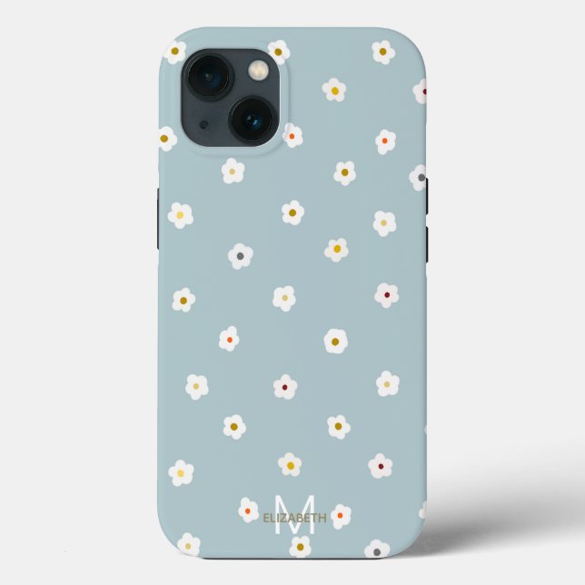 Retro 70’s White Daisy Flowers Boho Blue Design Case-Mate iPhone Case (Back)
