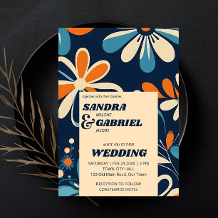 Retro 70ies teal daisy flowers wedding template