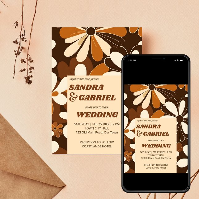 Retro 70ies terracotta flowers wedding template (Retro 70ies terracotta brown daisy flowers editable template wedding invitation digital download )