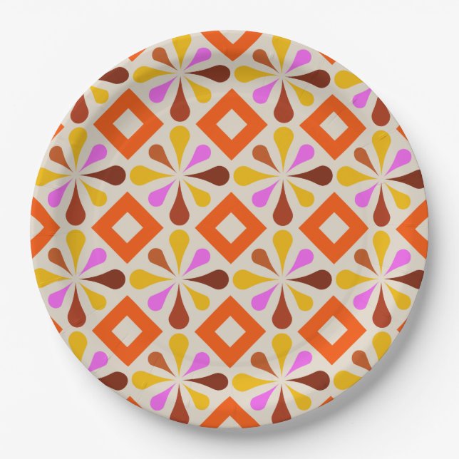 retro 70s 60s pattern style paper party plates (Front)