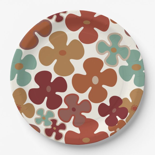 retro 70s 60s  pattern style paper party plates (Front)