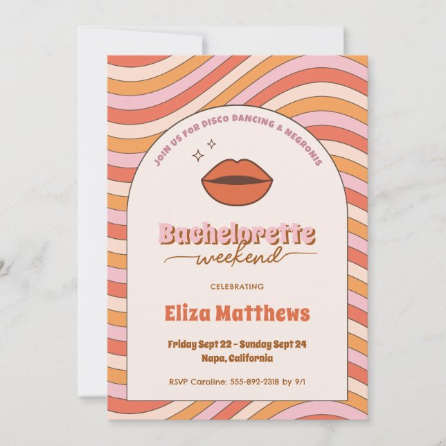Retro 70s 80s Groovy DIsco Bachelorette Weekend  Invitation (Front)