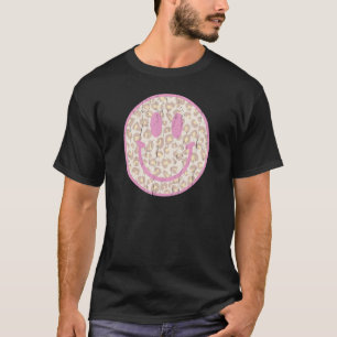Retro 70s 80s Happy Face Pink Leopard Smile Face T-Shirt