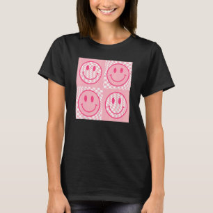 Retro 70s 80s Happy Face Pink Smile Face Chequered T-Shirt
