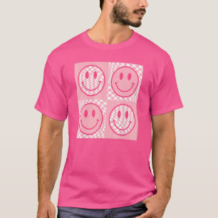 Retro 70s 80s Happy Face Pink Smile Face Chequered T-Shirt