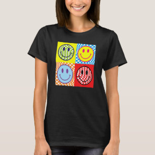 Retro 70s 80s Happy Face Smile Face Chequered Patt T-Shirt