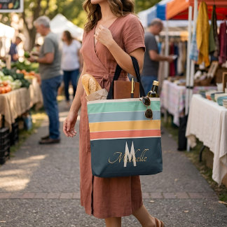 Retro 70s Aesthetic Mid-Century Stripe Custom Name Tote Bag