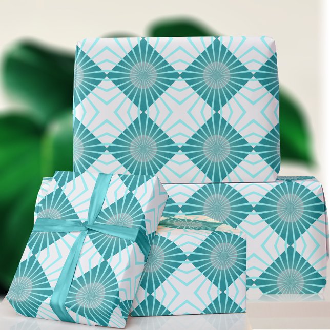 Retro 70s Aqua Geometric Circle Square Pattern Wrapping Paper (A blue and white geometric wrapping paper just for you)