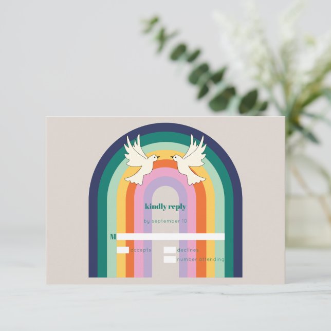 Retro 70s Arch Rainbow Dove RSVP Card (Standing Front)