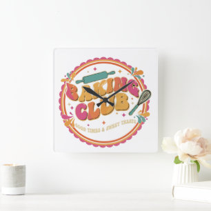 Retro 70s "Baking Club" Groovy Sweet Treats Desig Square Wall Clock