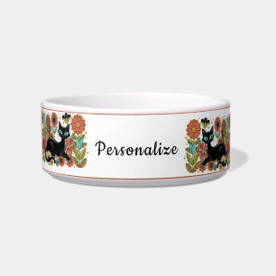 Retro 70s Black Cat Floral Personalised Design Bowl