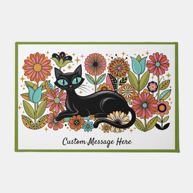 Retro 70s Black Cat Floral Personalised Design Doormat (Front)