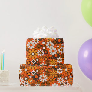 Retro 70s Boho Floral Brown Orange Gift Wrapping Paper