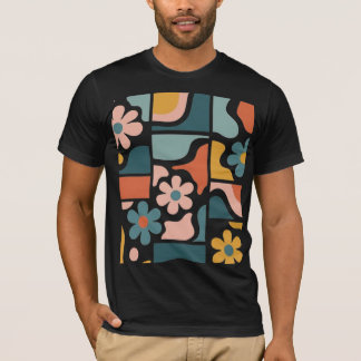 Retro 70s Boho Floral Pattern Groovy Flower Grid T-Shirt