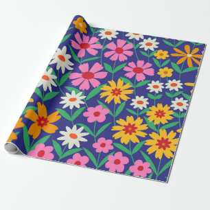 Retro 70s Boho Flowers on Navy Blue  Wrapping Paper