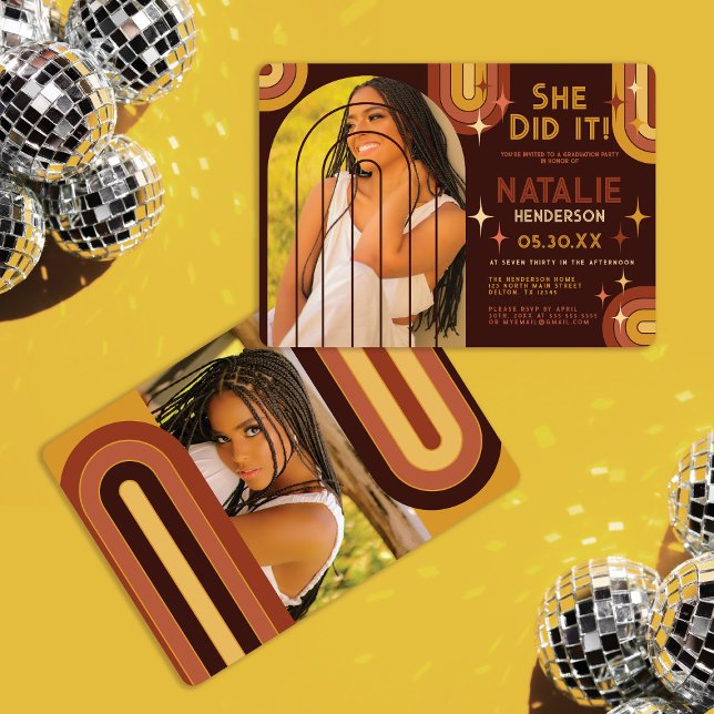 Retro 70's Bold Typography Rainbow Arch Graduation Invitation (Creator Uploaded)