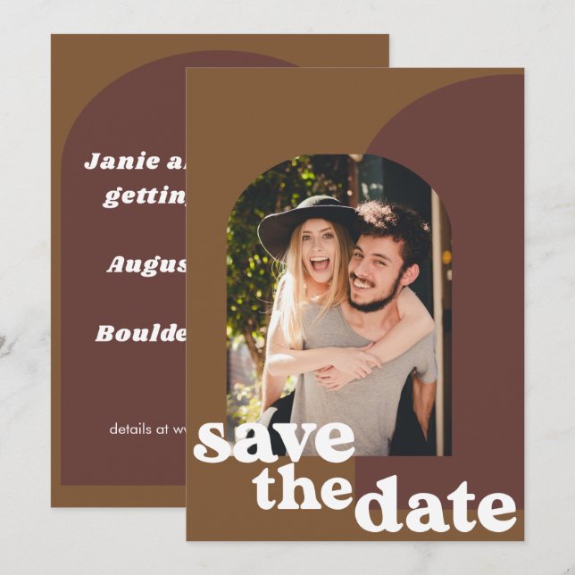 Retro 70s Brown Geometric Couple Photo Wedding Save The Date (Front/Back)