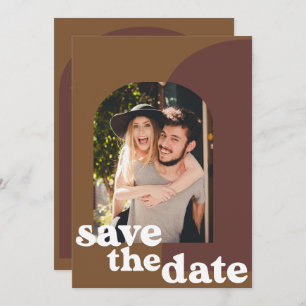 Retro 70s Brown Geometric Couple Photo Wedding Save The Date