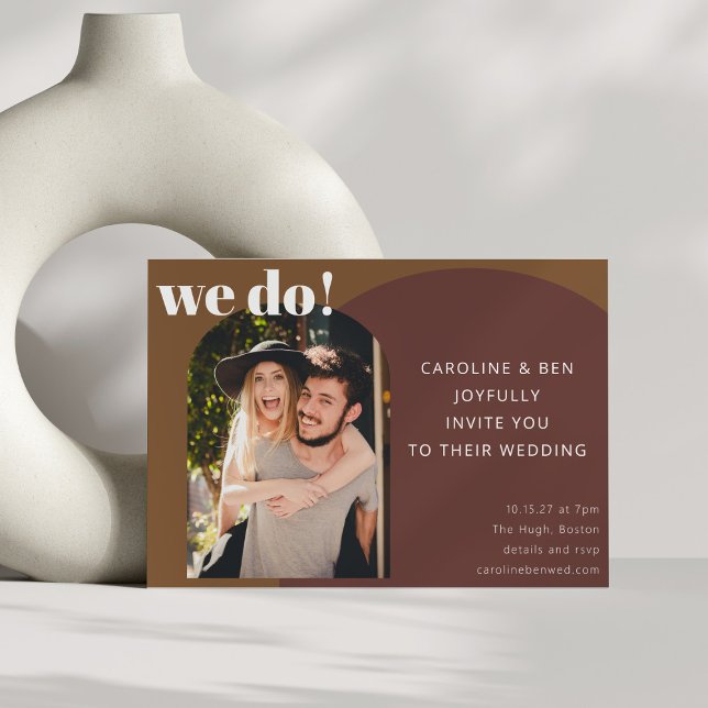 Retro 70s Brown Geometric Unique Photo Wedding Invitation (Creator Uploaded)