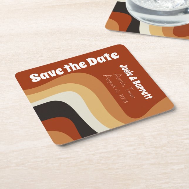 Retro 70s Burnt Orange Groovy Save the Date Square Paper Coaster (Angled)