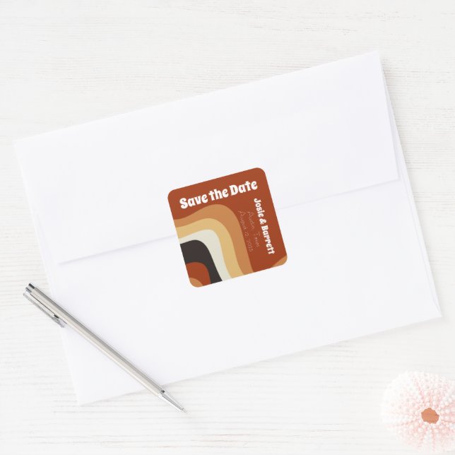 Retro 70s Burnt Orange Groovy Save the Date Square Sticker (Envelope)