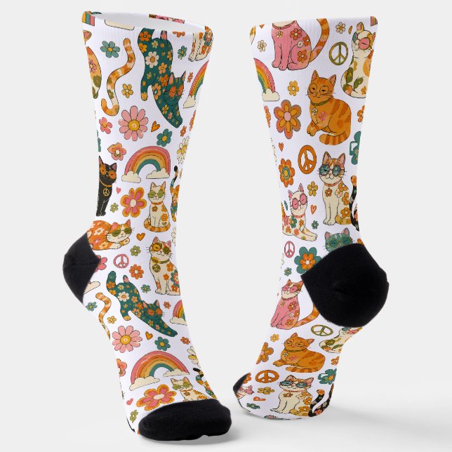 Retro 70s Cats Groovy Cat Socks Vintage  (Angled)
