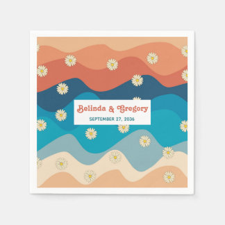 Retro 70's Colorful Rainbow Waves Daisies Wedding  Napkin
