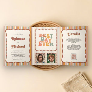 Retro 70's Colorful Stripes Photo QR Code Wedding Tri-Fold Invitation