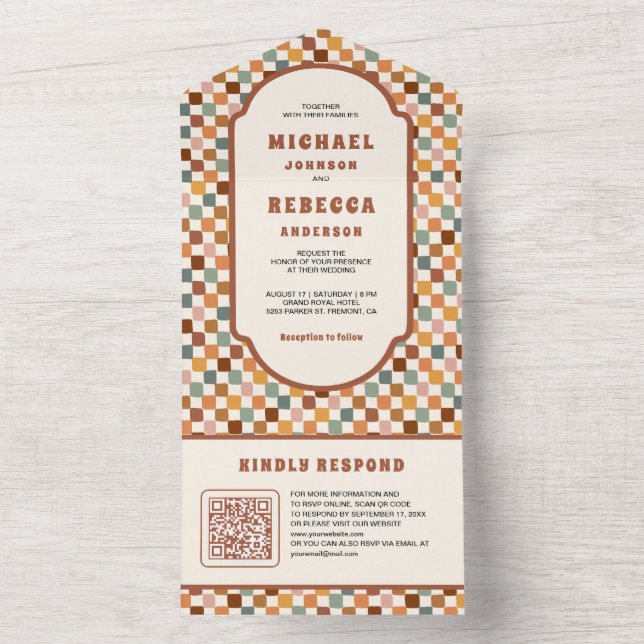 Retro 70's Colourful Chequerboard QR Code Wedding All In One Invitation (Inside)