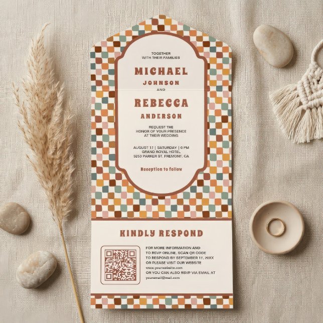 Retro 70's Colourful Chequerboard QR Code Wedding All In One Invitation (Creator Uploaded)