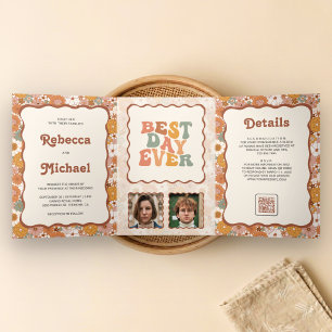 Retro 70's Colourful Floral Photo QR Code Wedding Tri-Fold Invitation