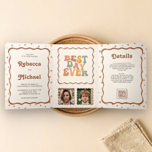 Retro 70's Colourful Flowers Photo QR Code Wedding Tri-Fold Invitation