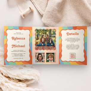 Retro 70's Colourful Groovy Photo QR Code Wedding Tri-Fold Invitation