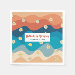 Retro 70's Colourful Rainbow Waves Daisies Wedding Napkin