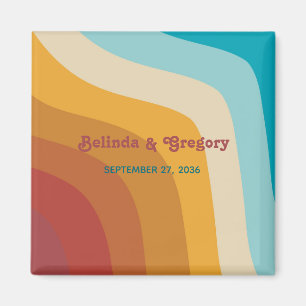 Retro 70's Colourful Rainbow Waves Wedding Favour Magnet