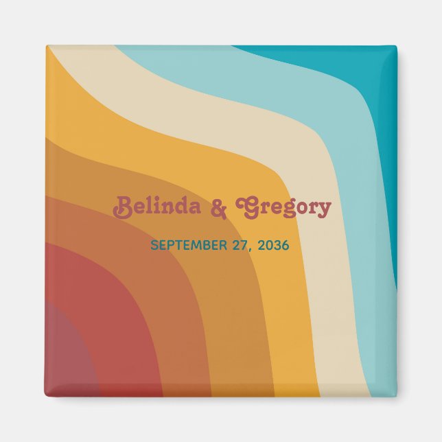 Retro 70's Colourful Rainbow Waves Wedding Favour Magnet (Front)