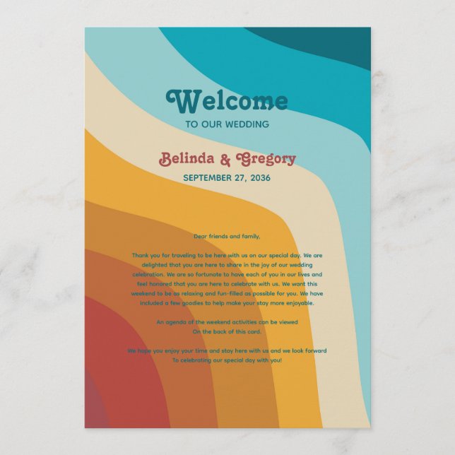 Retro 70's Colourful Rainbow Wedding Itinerary Programme (Front)