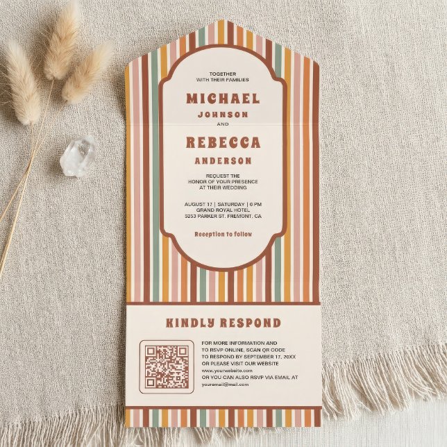 Retro 70's Colourful Stripes QR Code Wedding All In One Invitation (Creator Uploaded)