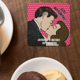 Retro 70's Comic Book Pop Art Romantic Fun Wedding Square Paper Coaster