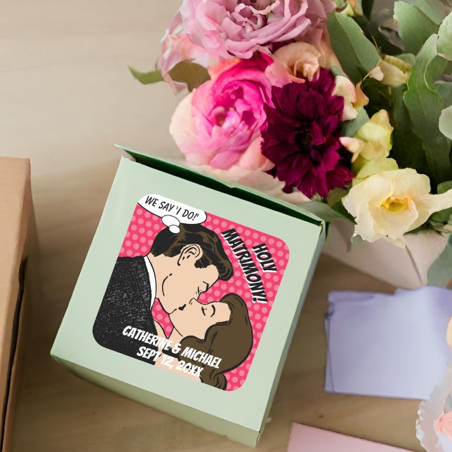 Retro 70's Comic Book Pop Art Romantic Fun Wedding Square Sticker (Creator Uploaded)