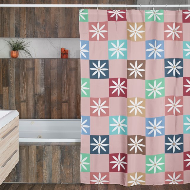 Retro 70s Daisy Chequered Board Pattern  Shower Curtain (Creator Uploaded)