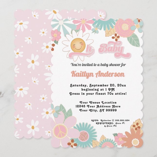 Retro 70s Daisy Pink Peach Girl Oh Baby Shower Invitation (Front/Back)