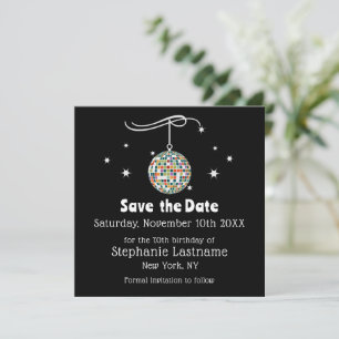 Retro 70s Disco 70th Birthday Party on Black Colou Save The Date