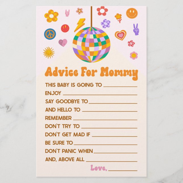 Retro 70's Disco Advice Baby Shower Game Activity Stationery (Front)