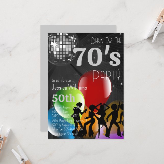 Retro 70's Disco Ball & Balloons Black Birthday Invitation (Front/Back In Situ)