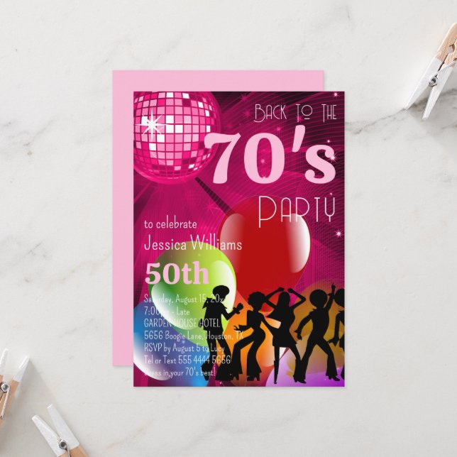 Retro 70's Disco Ball & Balloons Pink Birthday Invitation (Front/Back In Situ)