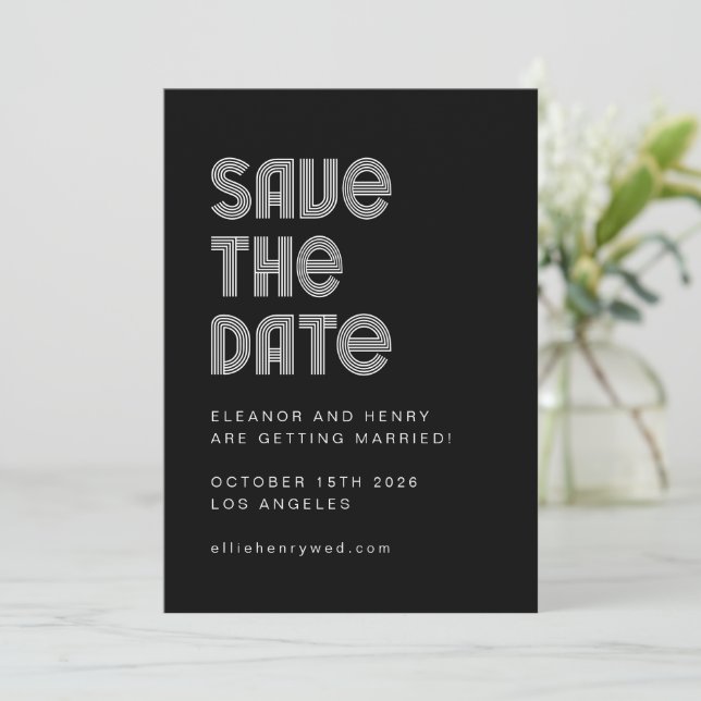 Retro 70s Disco Font Unique Black White Wedding Save The Date (Standing Front)