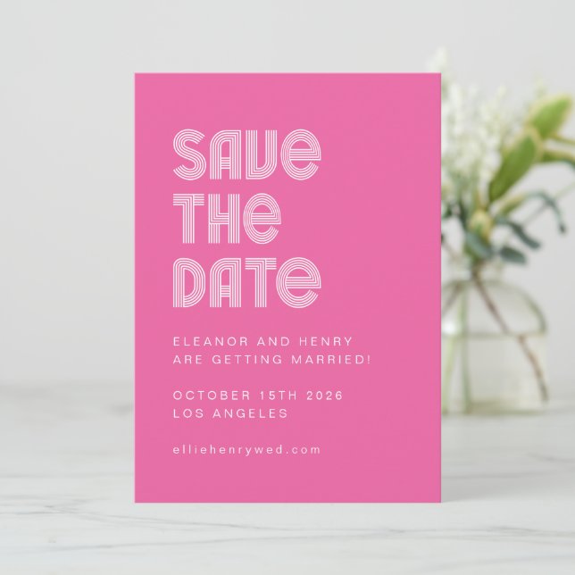Retro 70s Disco Font Unique Hot Pink Wedding Save The Date (Standing Front)